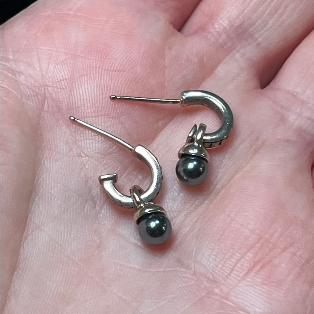 VTG Art Deco Marcasite Pearl Charm 14k Post Sterling Silver Huggie Hoop Earrings - Picture 5 of 6